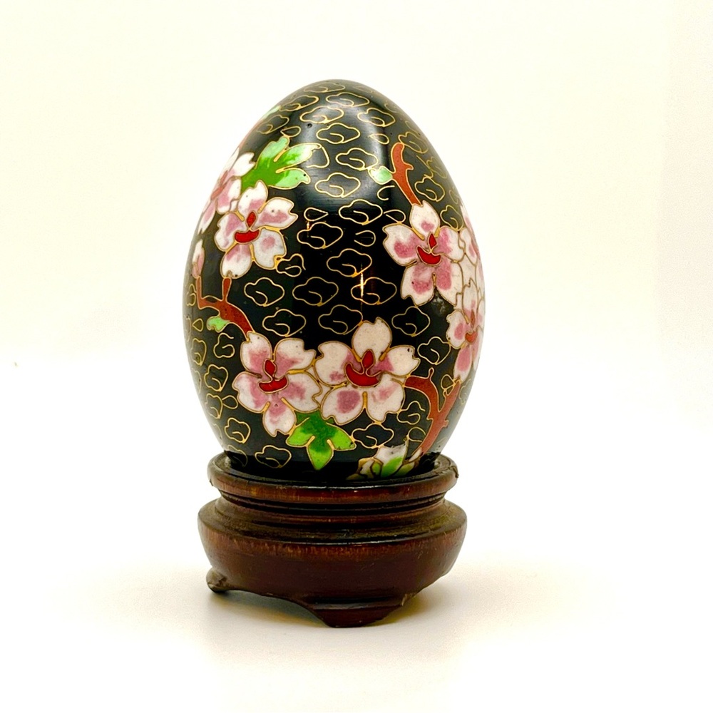 #025 Vintage Cloisonne Egg with Wood Stand